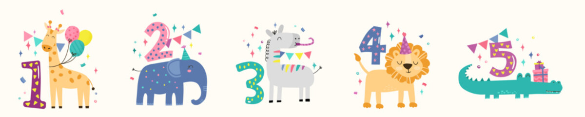 Birthday Anniversary Numbers with Cute Safari Animals, hand drawn illustrations