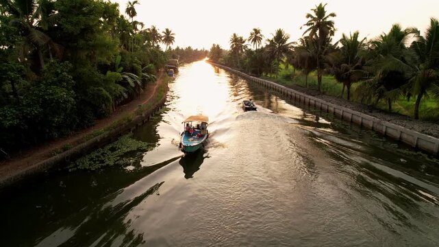 Wooden Boat Sailing Of Kerala Backwaters Surrounded By Palm Trees. Travel along the canals of Kerala, Vacation Concept