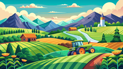 A panoramic view of vibrant green agricultural fields with a tractor under a mountainous skyline