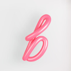 3D Pink Script Lowercase Letter B on light background. Cute Cursive Bubble typography symbol vector illustration.