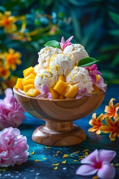 pical vanilla ice cream sundae with fresh mango cubes and flowers in a wooden bowl on a lush garden background