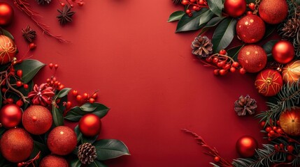 Obraz premium a red background with a wreath of christmas decorations