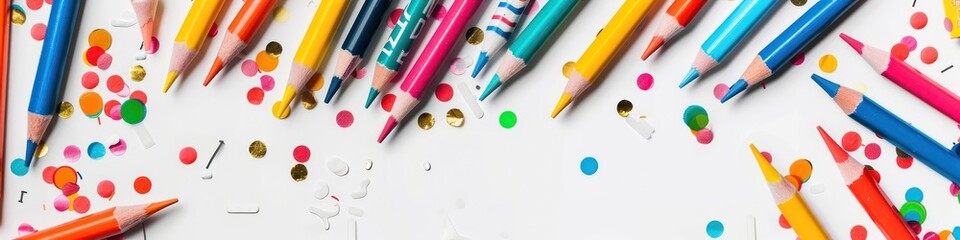 Colorful banner for kids parties with crayons, pencils, and confetti.