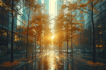 A captivating image of an autumn avenue lined with trees bearing golden leaves, illuminated by the warm sunrise, creating reflections on nearby modern glass buildings.