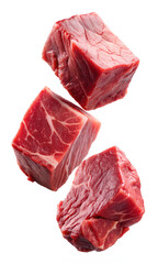 Obraz premium Falling Set of three diced beef cut isolated on white background, clipping path, Selective focus.png