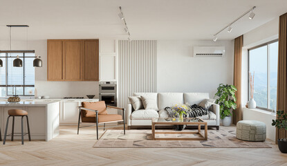 Studio room interior with lounge zone and cooking area furnished with sofa and dining table. Modern design solution, 3d rendering