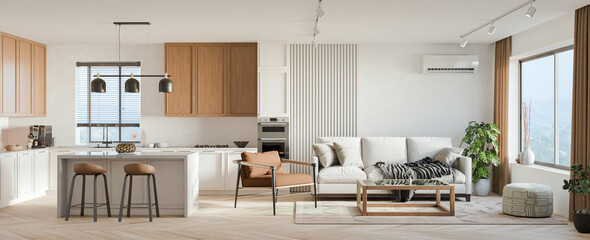 Studio room interior with lounge zone and cooking area furnished with sofa and dining table. Modern...