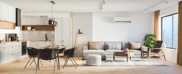 Fotobehang Boho Studio room interior with lounge zone and cooking area furnished with sofa and dining table. Modern design solution, 3d rendering  © Василь Чейпеш