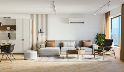 Studio room interior with lounge zone and cooking area furnished with sofa and dining table. Modern design solution, 3d rendering