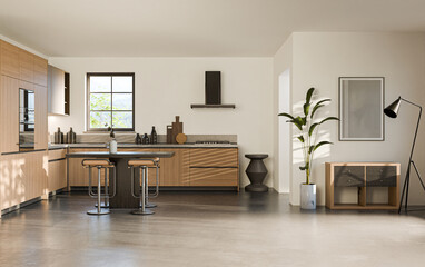 Studio room interior with cooking area, white walls, concrete floor and modern furniture. Minimalist design, 3d rendering