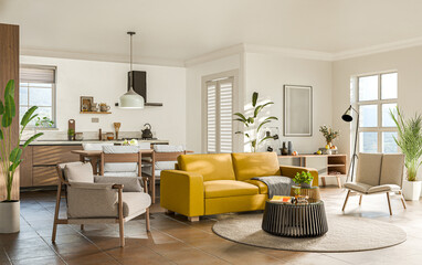 Studio room interior with eating space and lounge zone with yellow sofa. Modern design solution, 3d...