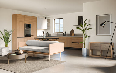 Studio room interior with cooking area, white walls, concrete floor and modern furniture. Minimalist design, 3d rendering