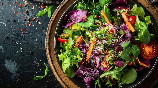 A vibrant, fresh garden salad with mixed greens, tomatoes, carrots, and spices, beautifully presented in a rustic bowl.