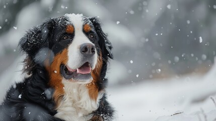 A happy Bernese Mountain Dog enjoying a snowy day, with snowflakes falling around and covering the surrounding landscape.