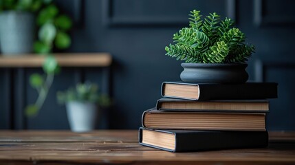 a plant that is sitting on top of a stack of books