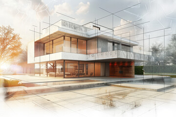 Architectural project of a modern house with large windows, being designed and planned with sketches and lines overlapped