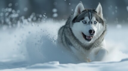 Energetic husky dog running through snowy landscape, showcasing its playful and adventurous spirit in a winter wonderland.