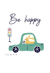 Fototapeta premium a trendy, fashionable drawing from a car. background for children. A template with drawings of toy car, road sign. Cute animal (cat). for print, paper, for children. art vector illustration.