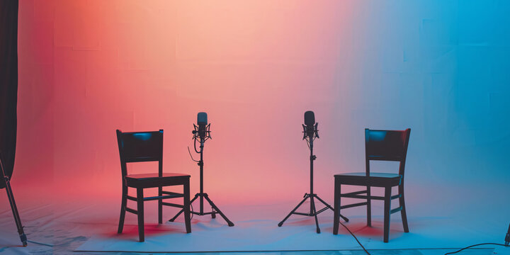 Two chairs and microphones are set up in a studio with a red and blue gradient backdrop, creating a minimalist podcasting setup.