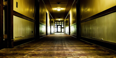 The Empty Hallway: A lone pathway leading away from the funeral home, with doors on either side standing silently ajar.