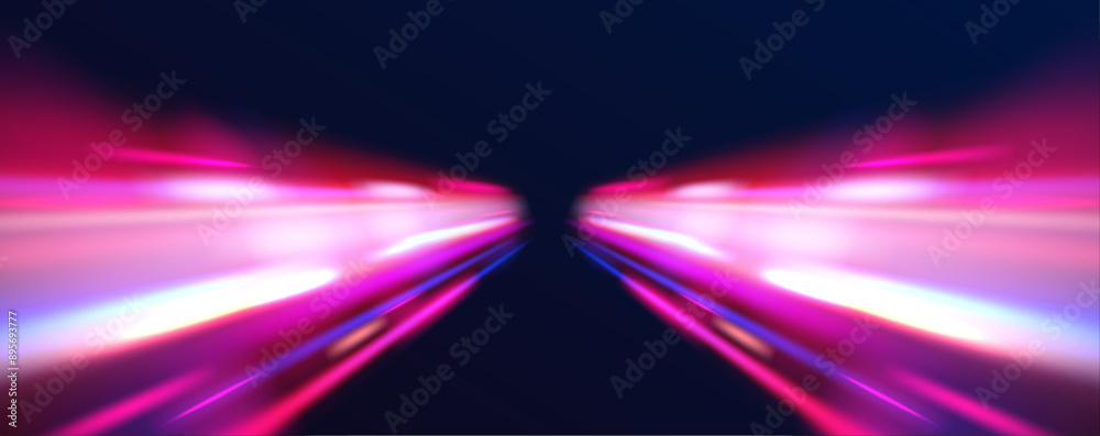 Poster a flash of neon light and a trail of fiery flash. acceleration speed motion on night road. neon stri