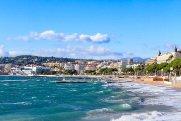 Panoramic view of the city of Cannes with old town, Palais des festivals, port, Provence, Cote d'Azur, France
