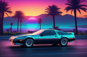1980s vibes in sunset landscape with sport car. Retro 3D VR in vintage 80s style at Miami