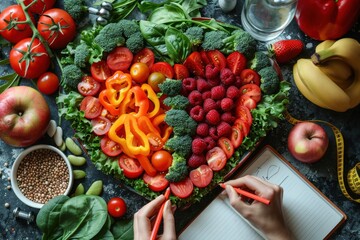 An assortment of fresh vegetables and fruits creatively arranged in a heart shape, symbolizing health and wellness, with hands taking notes, emphasizing healthy eating habits.