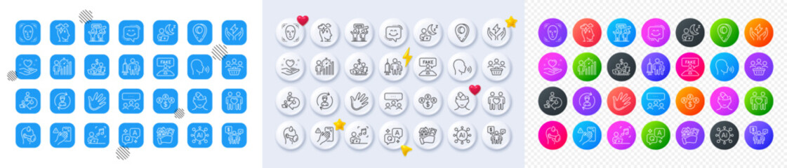Hand, Dont touch and Friends couple line icons. Square, Gradient, Pin 3d buttons. AI, QA and map pin icons. Pack of Meeting, Buying house, Business statistics icon. Vector