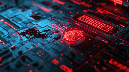 A computer screen displaying a red alert warning of a hacker attack, with a broken red key symbolizing a security breach