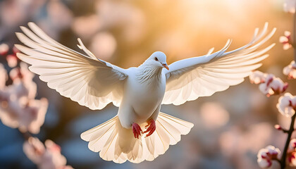 White Bird Flying Over Tree With White Flowers