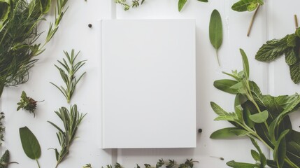White book cover on white background Surrounded by various herbs