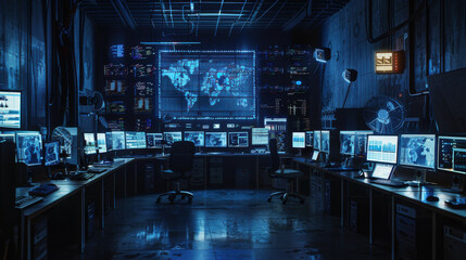 A dark room filled with computer monitors showing a system hack alert, highlighting the severity of a cyber attack