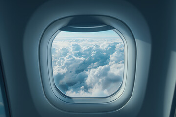 Airplane window is showing a beautiful cloudscape during a flight over the earth