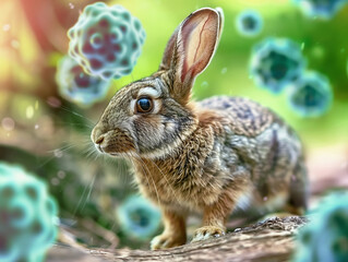 Rabbit Amidst a Swirl of Bacteria. An Artistic Visual Representation of Rabbit Fever. 