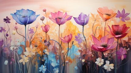 Spring summer tulip flowers for banner panorama background, Abstract oil acrylic painting of a colorful tulip field on canvas.