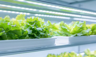 LED lights and growing lettuce plants inside an indoor farm, Generative AI
