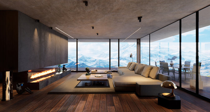 3D render of a cozy livingroom with mountain view