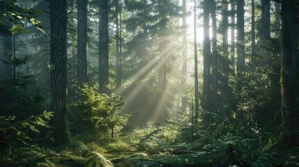 Obraz premium A dense forest with sunlight filtering through the trees