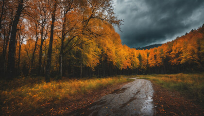 Obraz premium forest in the autumn season, beautiful nature, rainy weather, cloudy