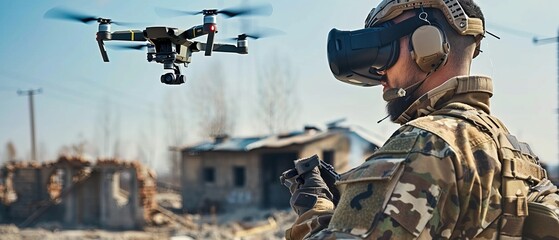 A soldier uses a modern FPV drone for surveillance, a person wears virtual reality cyber glasses during war or training