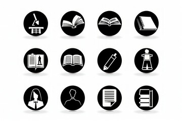 Black icons for education on white, depicting themes such as reading and classroom participation.