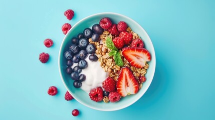 A healthy breakfast bowl with granola and berries on a vibrant background