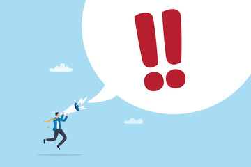 Warning message, shouting alert or danger warning, important message on loud speaker, emergency attention, safety or urgency scream concept, businessman shouting on megaphone with exclamation point.