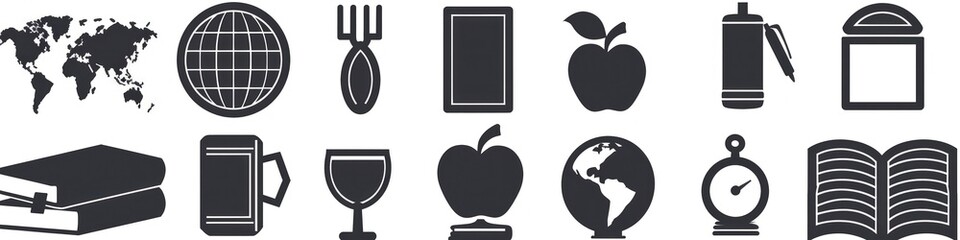 Fototapeta premium School-themed black icons on white, featuring classroom elements like an apple and a globe.