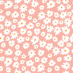 Floral pattern on peach background. Seamless pattern with small white flowers, vector illustration.