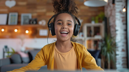 Fototapeta premium A delightful girl showing off her dance and singing skills in a home setting, filming a video for social media with a warm and inviting backdrop