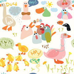 Naklejka premium Seamless pattern witn fun birds different colors, plants, and words. Vector illustration.