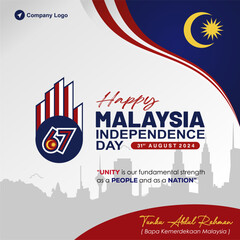67th Malaysia Independence Day 2024 template design, poster, banner, background, greeting card. Design with 67 logo, City Silhouette and Tunku Abdul Rahman Quote. Malaysia vector illustration