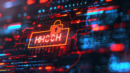 A digital interface with a large red 'Hacked' alert and a broken lock icon, symbolizing a major cyber security attack